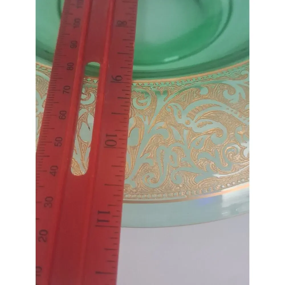 Lancaster Deco Brocade Green Uranium Glass Console Bowl 11” 1930s Gold Etching